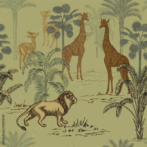 Safari ink drawn palm trees,  lion, giraffe, fawn animal summer floral seamless pattern. African savanna wallpaper.