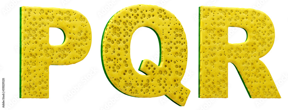 Sponge alphabet. Letters P, Q, R, in 3d render. Cleaning festival. Sponge alphabet. Letters P, Q, R, in 3d render. Cleaning festival.