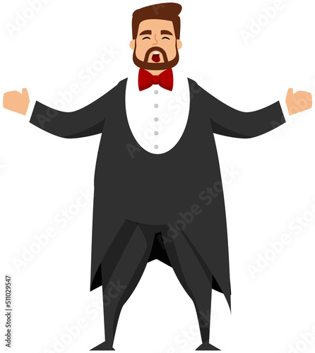 Opera singer male character sing song, man in black tuxedo at concert. Vector flat vocalist classical artist dressed in tailcoat performs in theater in front of audience. Listeners enjoy tenor singing