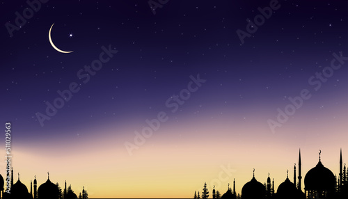 Islamic card with Silhouette Dome Mosques,Crescent moon on Orange sky background,Vetor Ramadhan Night with twilight dusk sky for Islamic religion,Eid al-Adha,Eid Mubarak,Eid al fitr,Ramadan Kareem