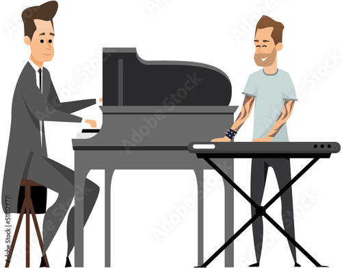 Pianist character in concert costume playing musical composition on grand piano for symphonic orchestra or opera performance on stage. Talented artist member of musical group plays keyboard instrument