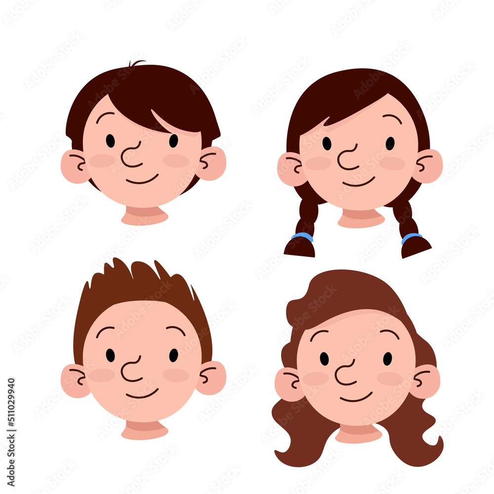 Set of different faces of children with different hairstyles and brown hair Set of different faces of children with different hairstyles and brown hair