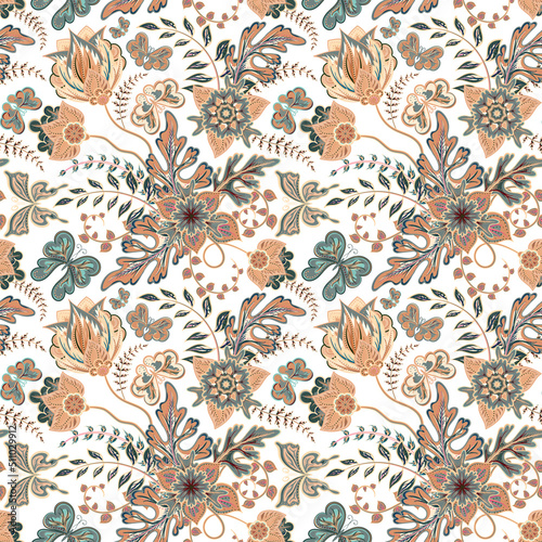 Seamless pattern with stylized ornamental flowers in retro, vintage style. Jacobin embroidery. Colored vector illustration In soft orange and green colorson brown background