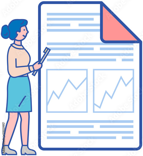 Analytics and development statistics. Web analysis measure, product testing technology. Woman analyses digital report. Statistical indicators and data on diagram. Graphic information visualization