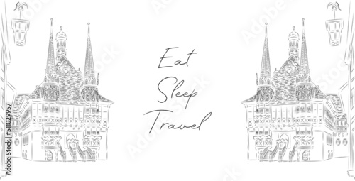 Hand drawn Castle for postcards with text. Vector sketch building for banners, web.