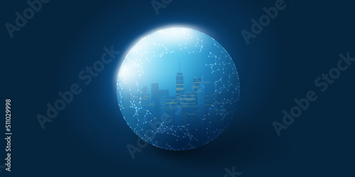 Cityscape Inside of a Globe on Dark Blue Background - Network Mesh, High Speed Broadband Urban Mobile Telecommunication and Wireless Internet Design Concept, New Cutting Edge Global Technology Concept