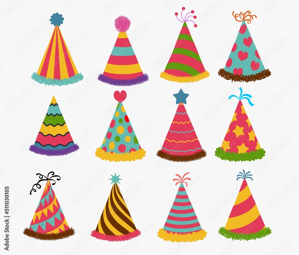 flat cartoon design illustration of colored hat for party celebration birthday set template. vector - illustration