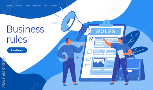 People near giant clipboard, task done and check mark ticks. Businesspeople check document with rules. Form with survey, paper sheet with results of review. Colleagues discuss business rules