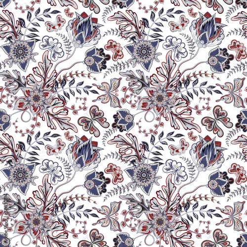 Seamless pattern with fantasy flowers, natural wallpaper, floral decoration curl illustration. Paisley print hand drawn elements. Home decor. © leezarius