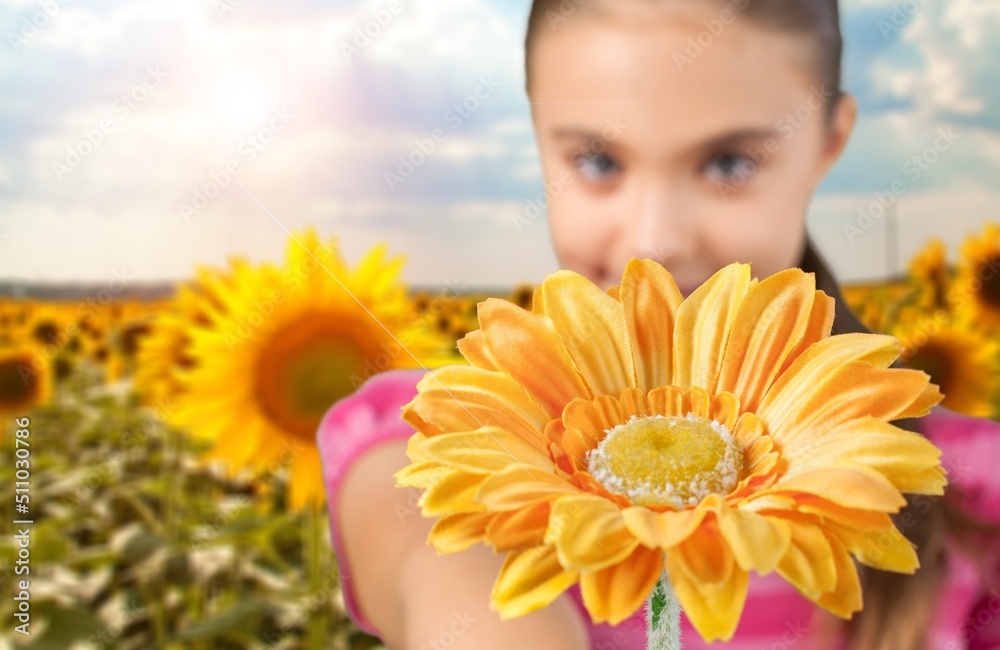 Happy little child walking in field of sunflowers. Child playing with big flower and having fun. Kid exploring nature. Happy little child walking in field of sunflowers. Child playing with big flower and having fun. Kid exploring nature.