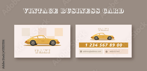 Vintage business card for taxi, car service with yellow retro car. Vector illustration