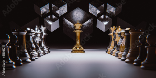 Fototapeta Chess figures standing around the king, 3d render