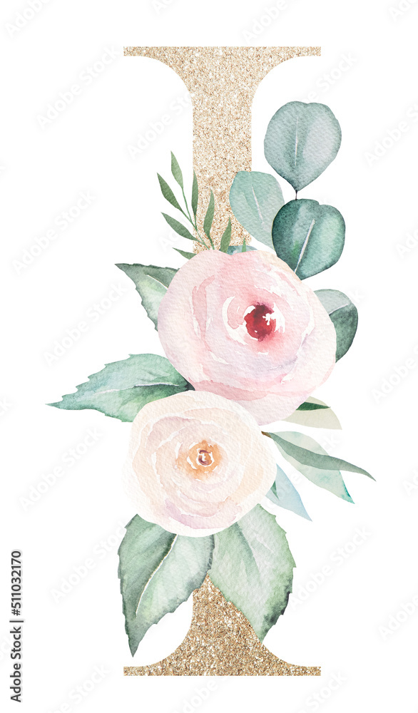 Light golden Letter I with watercolor roses and leaves. Pastel floral ...