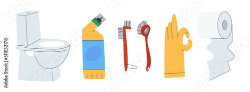 Items for cleaning and washing the bathroom. Toilet bowl, household chemicals and brushes. Disinfection and hygiene. Flat illustration. Eps10