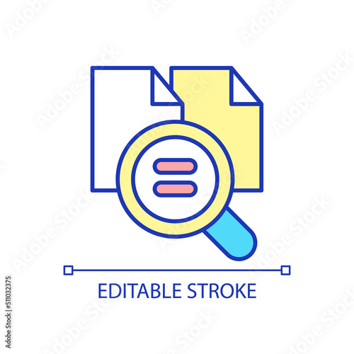 Equal files RGB color icon. Digital document. Identical paperwork. Duplicate and copy text. Isolated vector illustration. Simple filled line drawing. Editable stroke. Arial font used © bsd studio