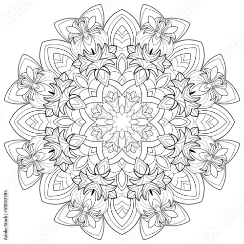 Decorative mandala with floral patterns on a white isolated background. For coloring book pages.
