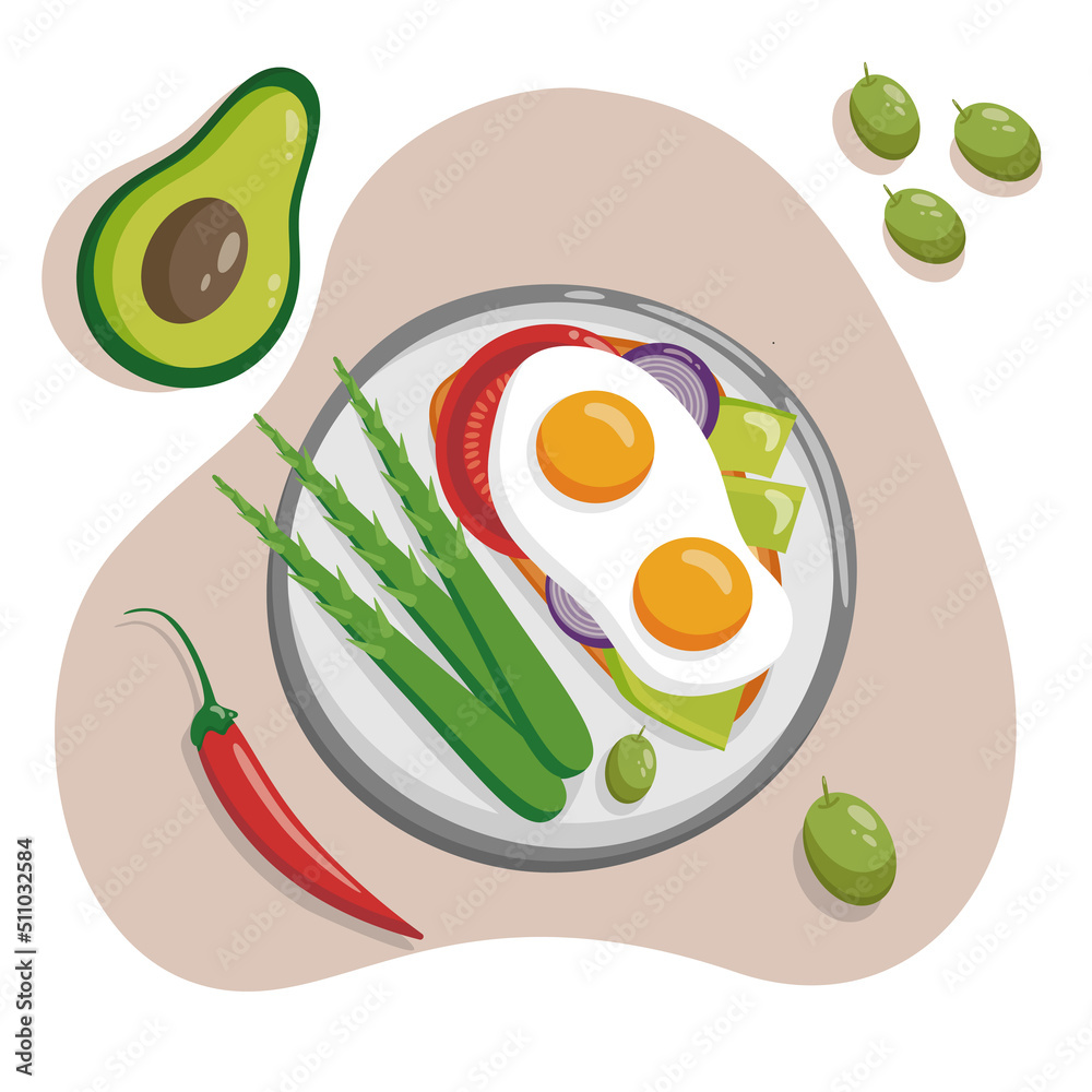 Toast with fried egg and vegetables. Vector flat illustration of healthy breakfast. Sandwich with egg, avocado, asparagus, tomatoes, onions. Top view. Flat lay. Toast with fried egg and vegetables. Vector flat illustration of healthy breakfast. Sandwich with egg, avocado, asparagus, tomatoes, onions. Top view. Flat lay.
