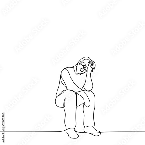 man sits with his head down, which he props up with his hand - one line drawing vector. concept of fatigue, exhaustion, burnout, overwork, crisis, depression, apathy, grief