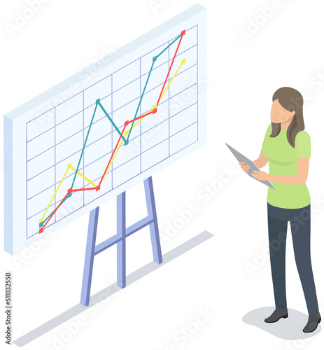Analytics and development statistics. Web analysis measure, product testing technology. Woman analyses digital report. Statistical indicators and data on diagram. Graphic information visualization