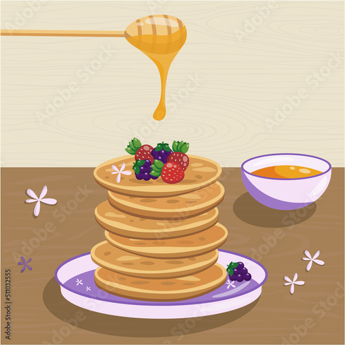 Pancakes with honey. Vector flat illustration of breakfast pancakes with honey and berries.
