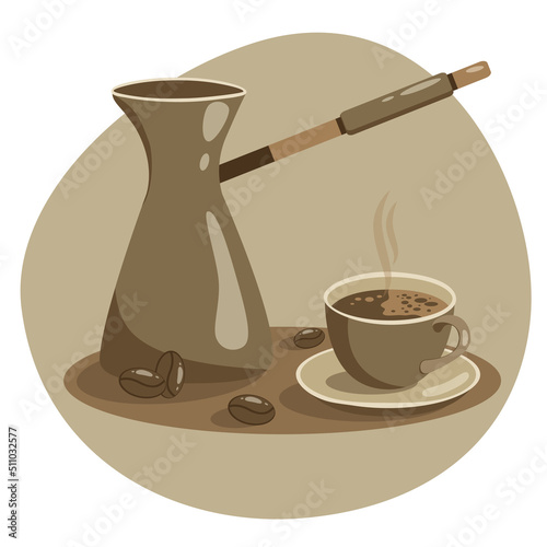 Fresh hot coffee on table. Vector flat illustration of freshly brewed coffee and coffee maker. Coffee in Turkey.