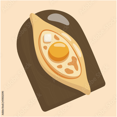 Khachapuri. Vector flat illustration of Georgian khachapuri dish with egg. Flat lay. Top view.