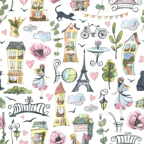 Canvas Print Parisian streets with various elements of a European city, watercolor illustration