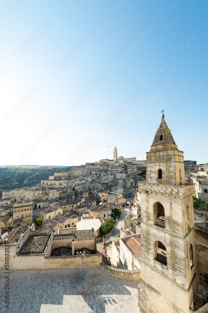 Stunning view of the Matera’s skyline during a beautiful sunny day. Matera is a city on a rocky outcrop in the region of Basilicata, in southern Italy.