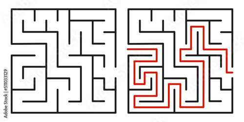 Abstract maze. Find right way. Isolated simple square maze black line on white background. Vector illustration.