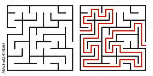 Abstract maze. Find right way. Isolated simple square maze black line on white background. Vector illustration.
