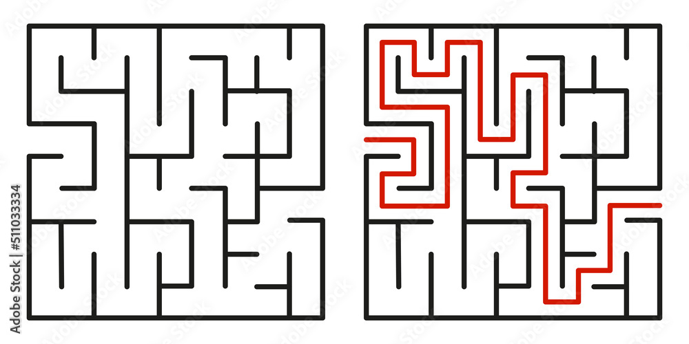 Abstract maze. Find right way. Isolated simple square maze black line on white background. Vector illustration.