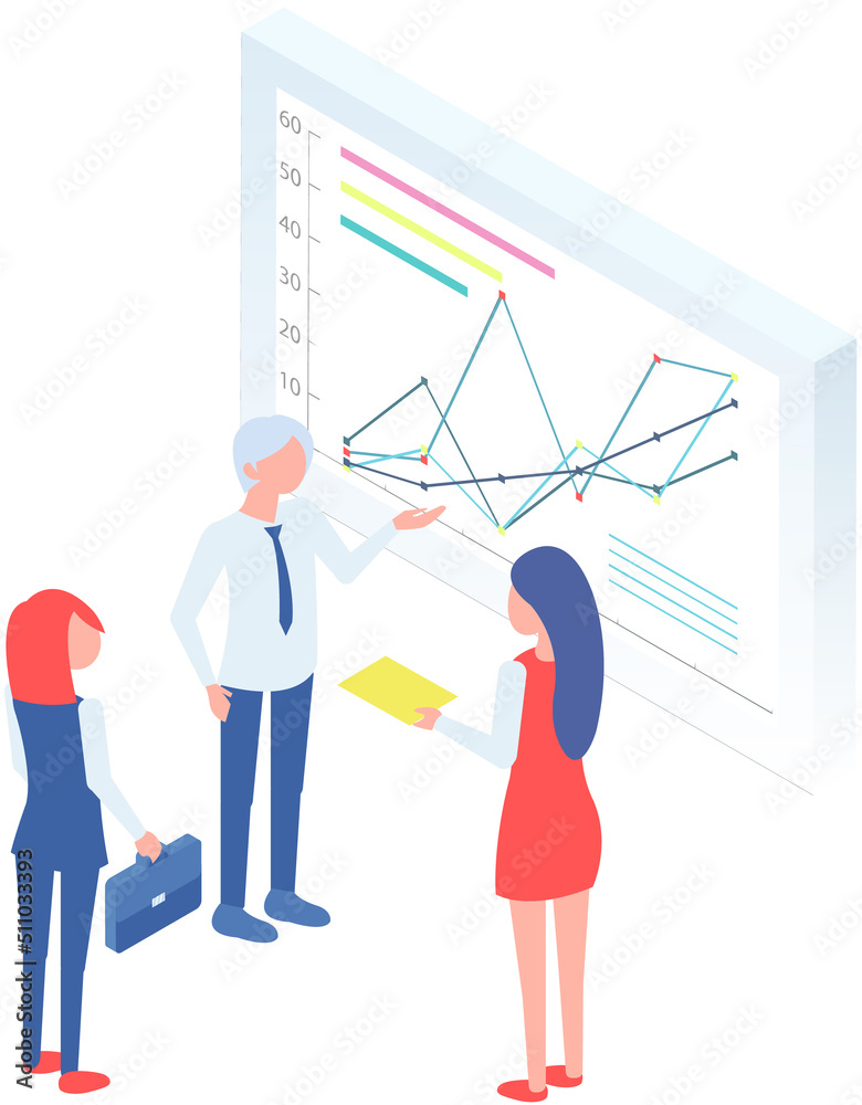 Business people communicating in office discuss statistics, analyze different charts and graphs. Financial accounting concept. Organization process, analytics, planning, report, market analysis