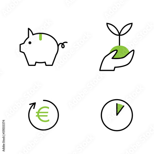 Save concept line icons. Save time and money. Piggy bank, plant in hand, money back and fast deadlines.