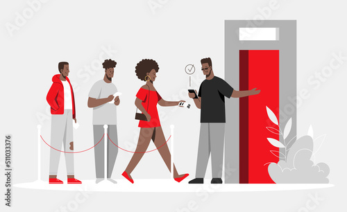Black people waiting in behind queue barrier for party. Security bouncer face control man. Invitation guest list checking at nightclub building entrance. Concert tickets with qr code. Vector art