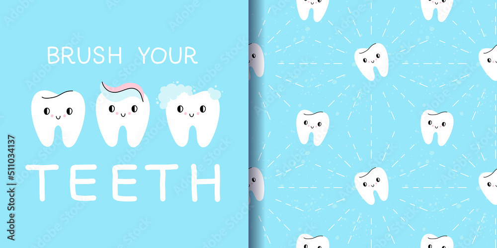 Vetor de Tooth lettering and seamless pattern. Brush your teeth text ...