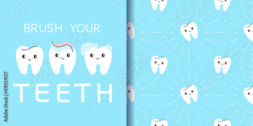 Tooth lettering and seamless pattern. Brush your teeth text. Cartoon characters with toothpaste, stages of brushing. dental clinic mascot. Decor textile, wrapping paper wallpaper, vector print