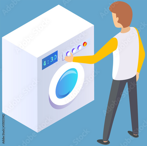 Male character in public laundry or home bathroom loading dirty clothing and detergent powder to laundromat or washing machine, housework concept. Launderette cleaning service, household, routine
