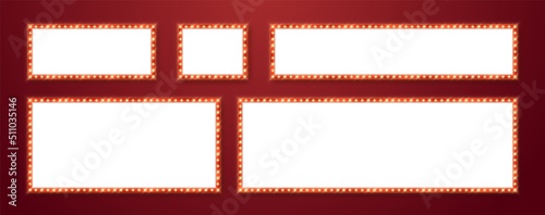 Marquee frames with red border, retro casino signboards with white background. Vintage circus banners with yellow light bulbs. Vector illutration.
