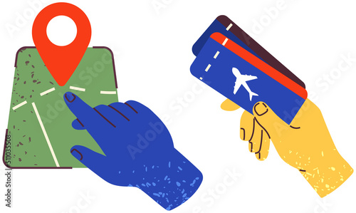 Boarding pass for admission to plane and map of area with mark. Person holding tickets for flight on airplane and navigational object. Passenger before travel, vacation trip, hiking tour, journey