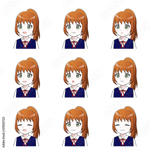 「あ・い・う・え・お・ん」等いろんな口の形の女子学生のイラストセット（アニメ・漫画タッチ）