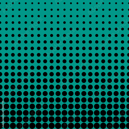 Abstract seamless geometric circle pattern. Mosaic background of black circles. Evenly spaced shapes of different sizes. Vector illustration on teal background