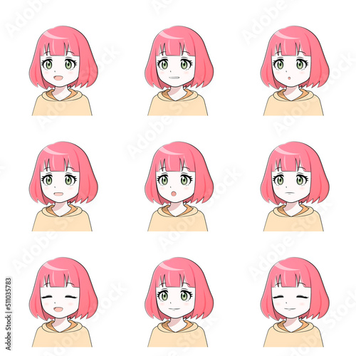 「あ・い・う・え・お・ん」等いろんな口の形の若い女性のイラストセット（アニメ・漫画タッチ）