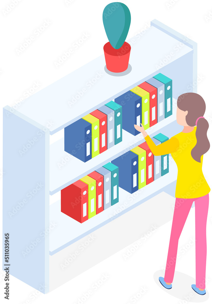 Woman secretary near case with documents. Vector business woman or student takes out folder with documents. Office worker take archive files. Young employee standing near office stand with folders Woman secretary near case with documents. Vector business woman or student takes out folder with documents. Office worker take archive files. Young employee standing near office stand with folders