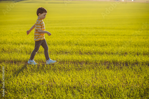 Little boy running in the green field