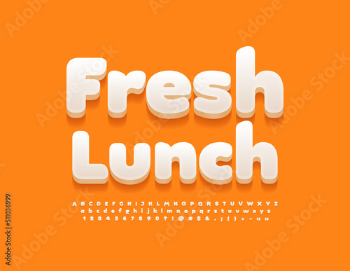 Vector stylish logo Fresh Lunch.  White 3D Font. Creative Alphabet Letters and Numbers