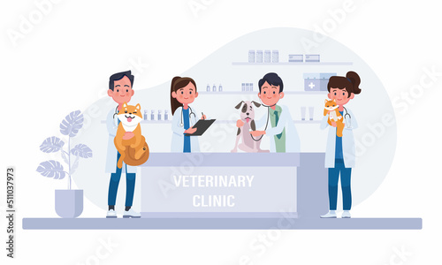Veterinary clinic, healthcare service or medical center for domestic animals. Flat cartoon colorful vector illustration.
