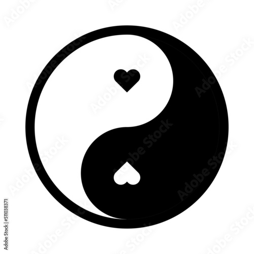 Yin yang heart symbol. Harmony, love and balance icon with two hearts