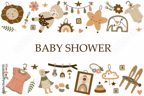 Background with children's toys and accessories for the kid. Isolated vector illustration in boho style in warm colors. baby shower