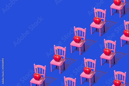 Summer creative pattern with red cherries on pink restaurant chairs on bold blue background. 80s, 90s retro romantic aesthetic fruit concept. Minimal surreal fashion idea.