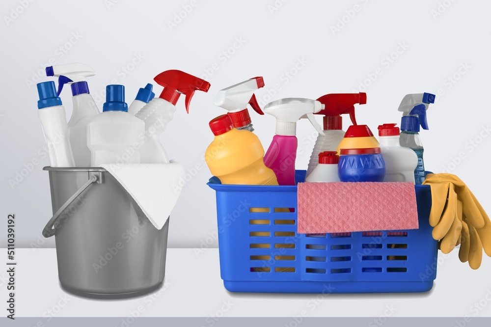 Set of cleaners and detergents, cleaning accessories. Concept spring regular cleaning Set of cleaners and detergents, cleaning accessories. Concept spring regular cleaning